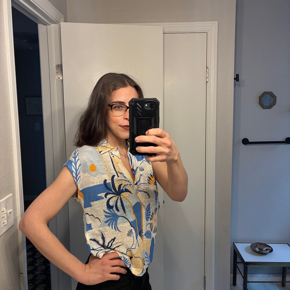 Nicole Miller 100% Linen Tropical Print Women's Top